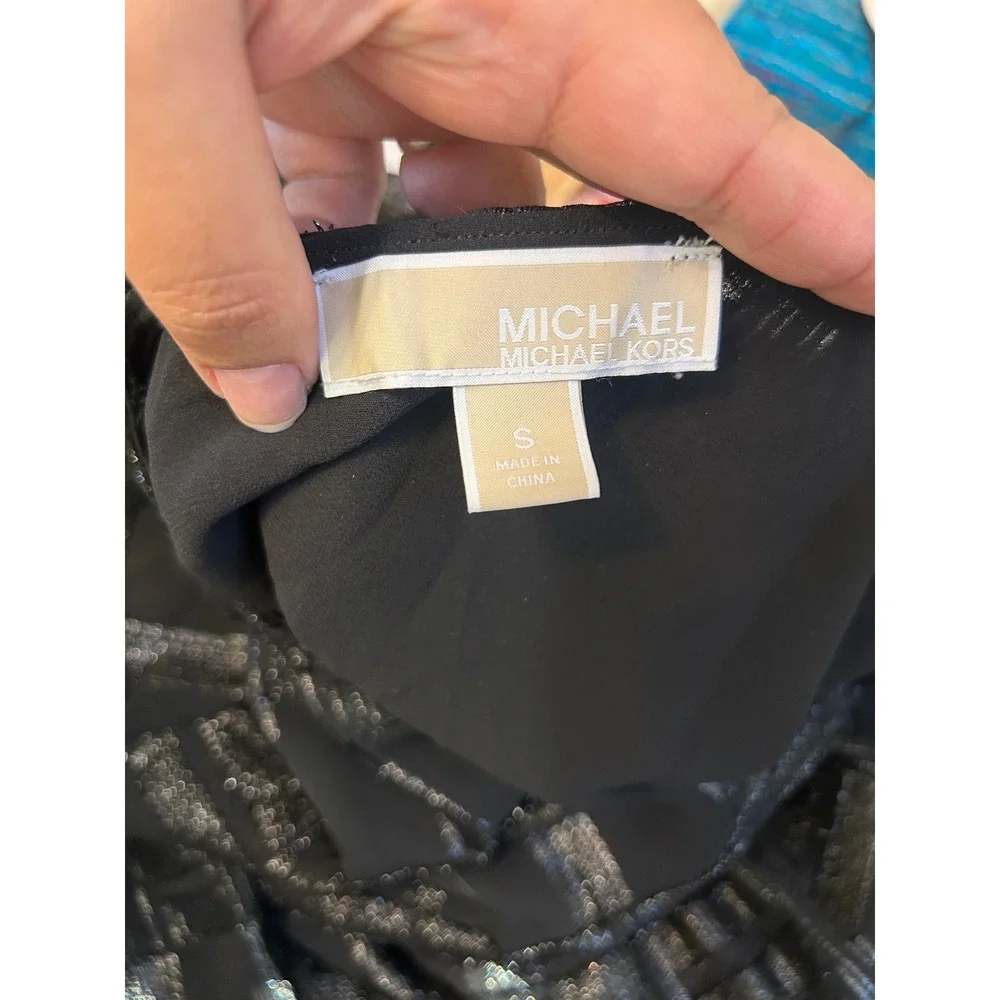 Michael Kors Black Silver Metallic Plaid Smocked Waist Ruffle Mini Dress S